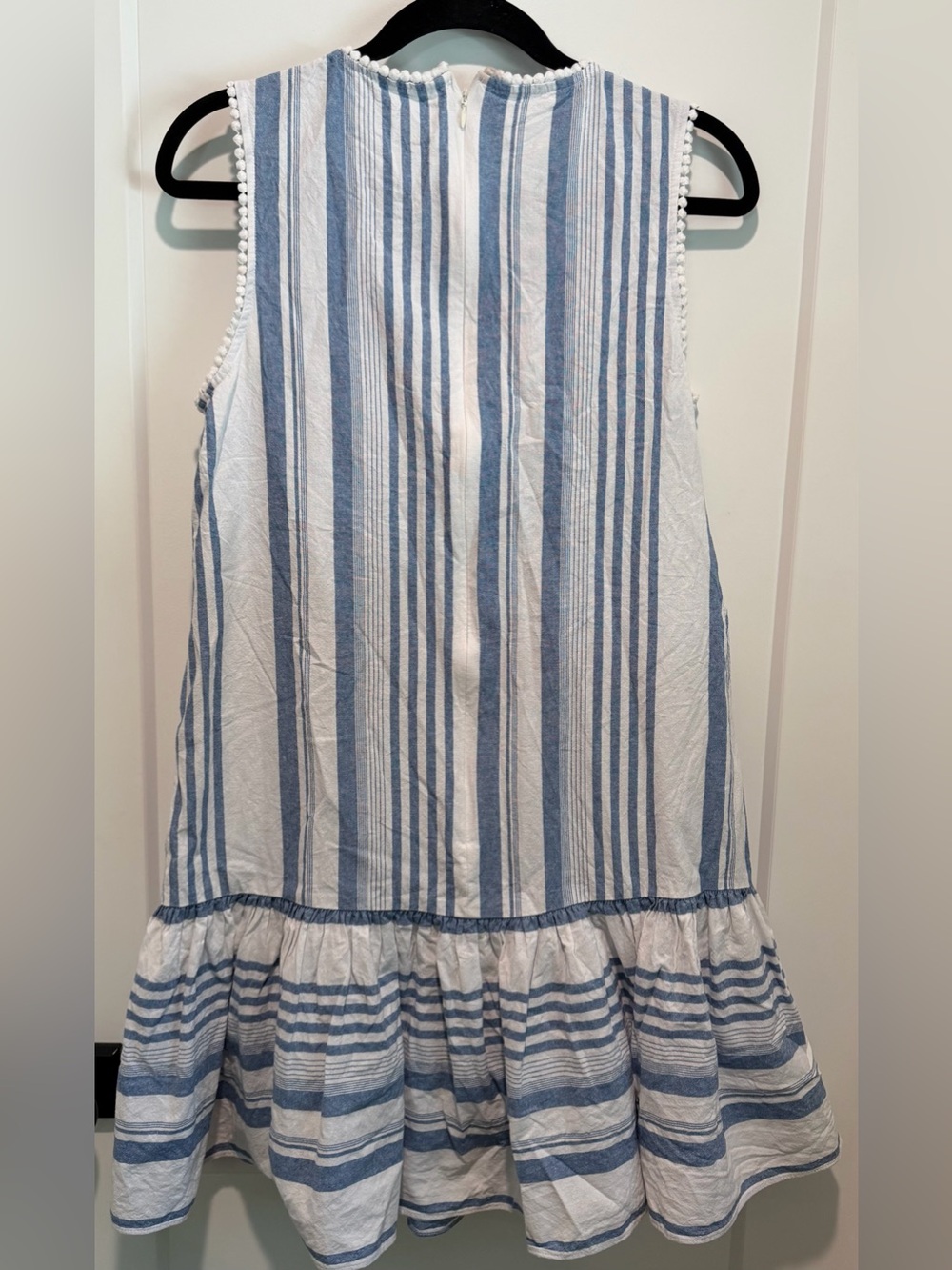 London Times Blue White Striped Cotton Mini Dress Pom Pom Coastal Size 10 - Picture 7 of 7